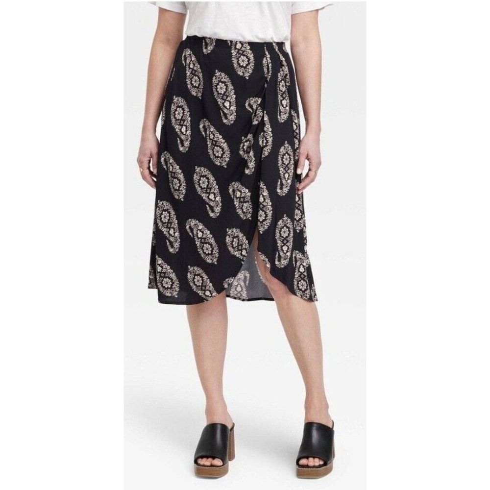 Knox Rose Drapey Black Paisley Elastic Pullon A-Line Midi Skirt XS NWT